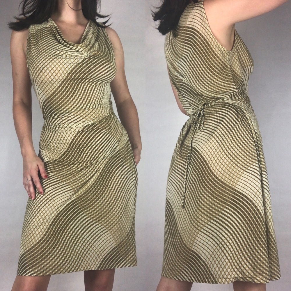 Vintage Olive and Tan Swirl Print Mid Length Dress